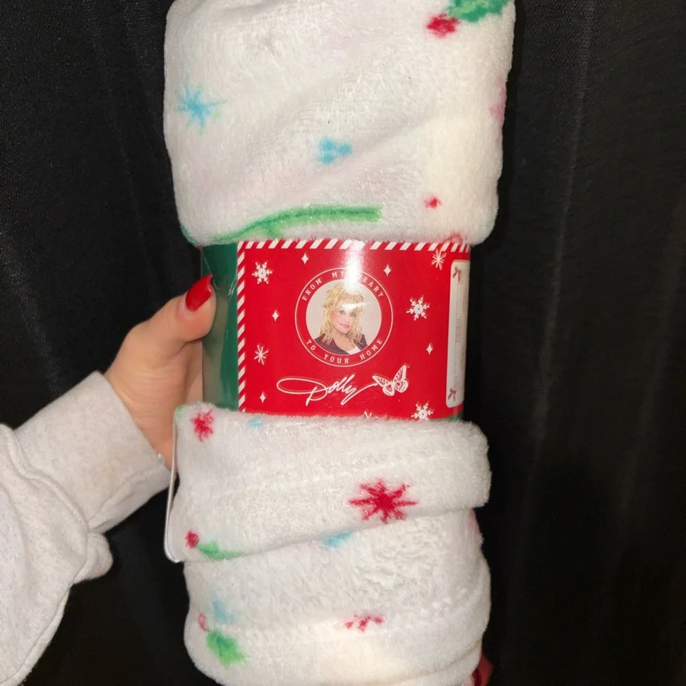 Dolly Parton Fleece Blanket with Red and Green Snowflakes